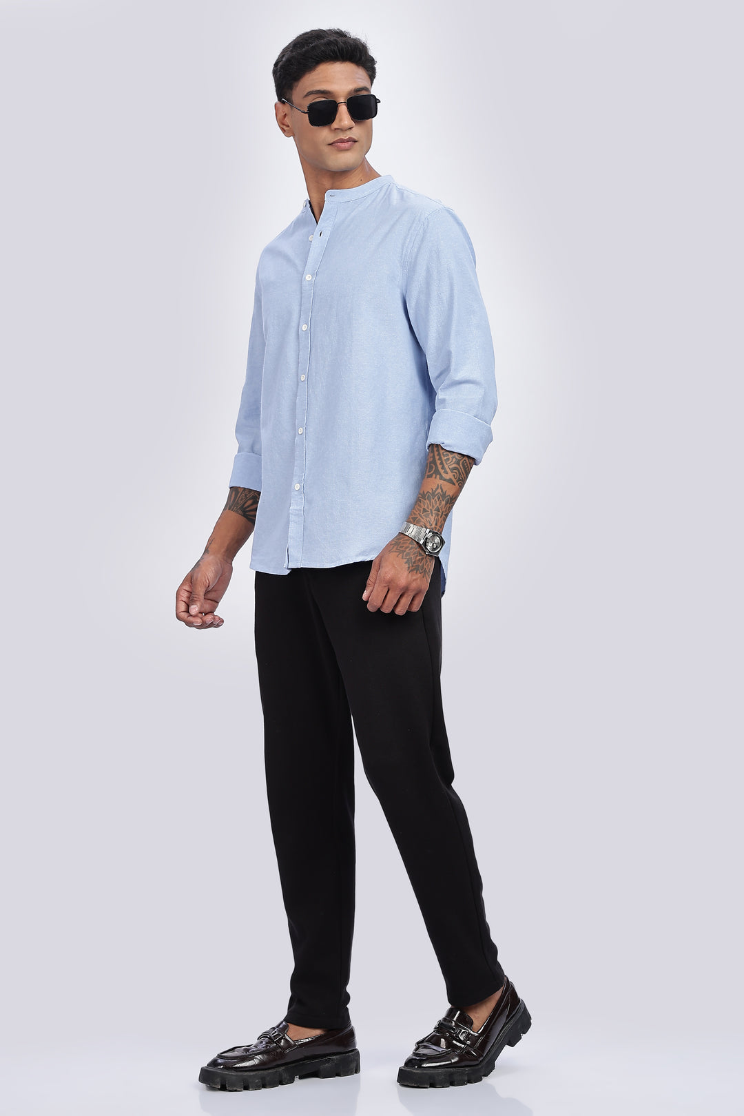 Mandarin Collar Light Blue Shirt