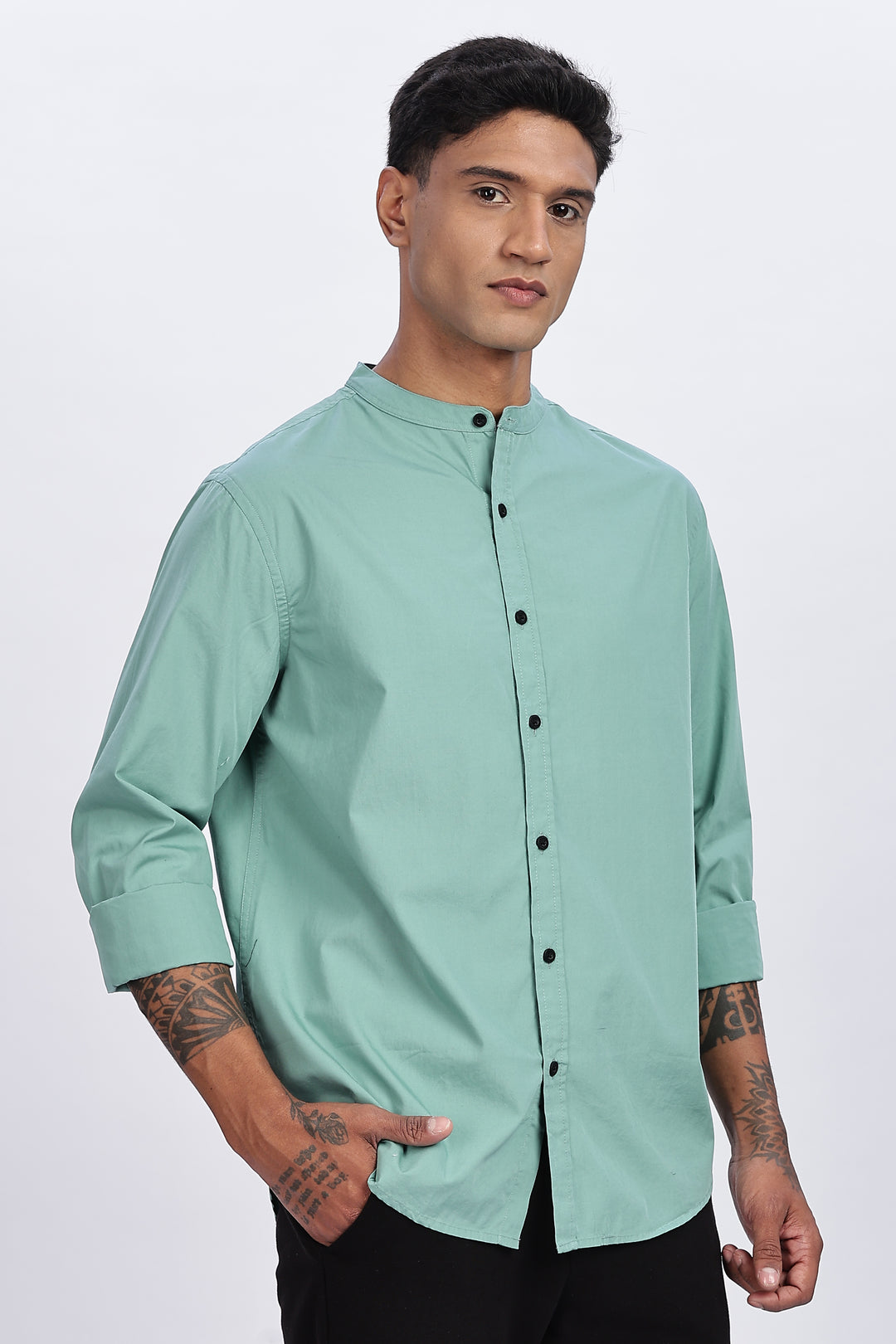 Mandarin Collar Green Shirt