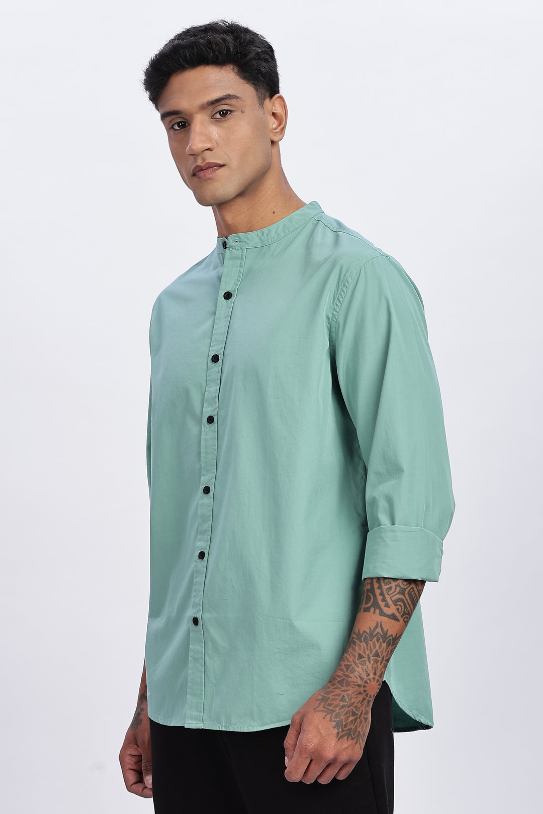 Mandarin Collar Green Shirt