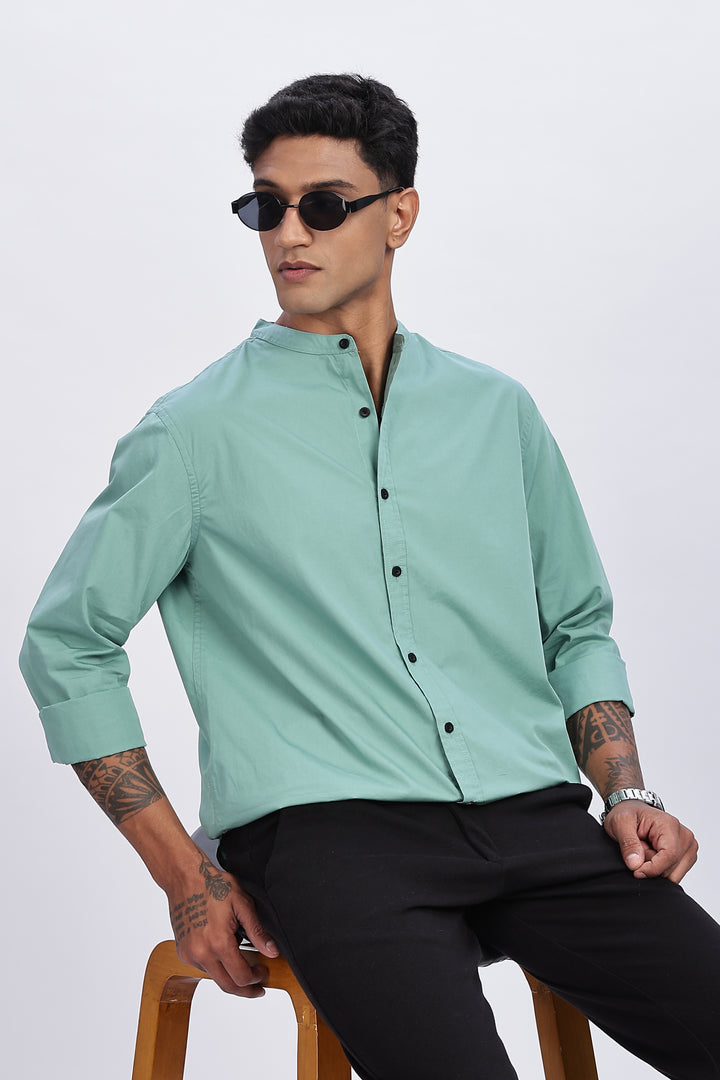 Mandarin Collar Green Shirt