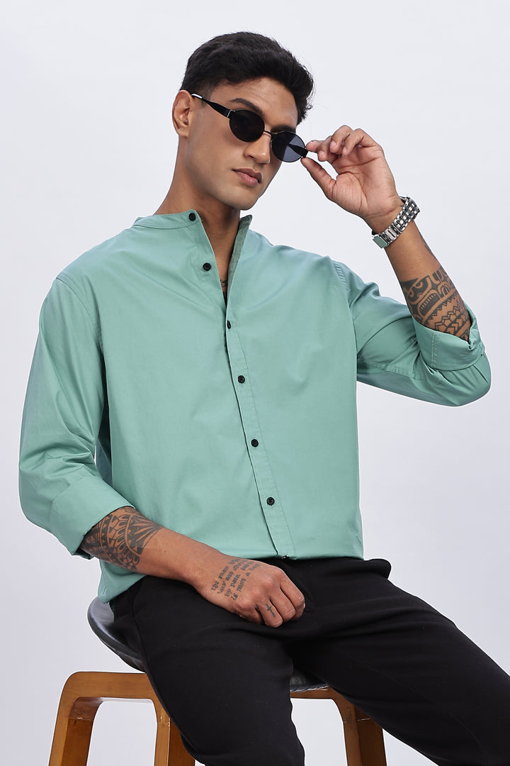 Mandarin Collar Green Shirt