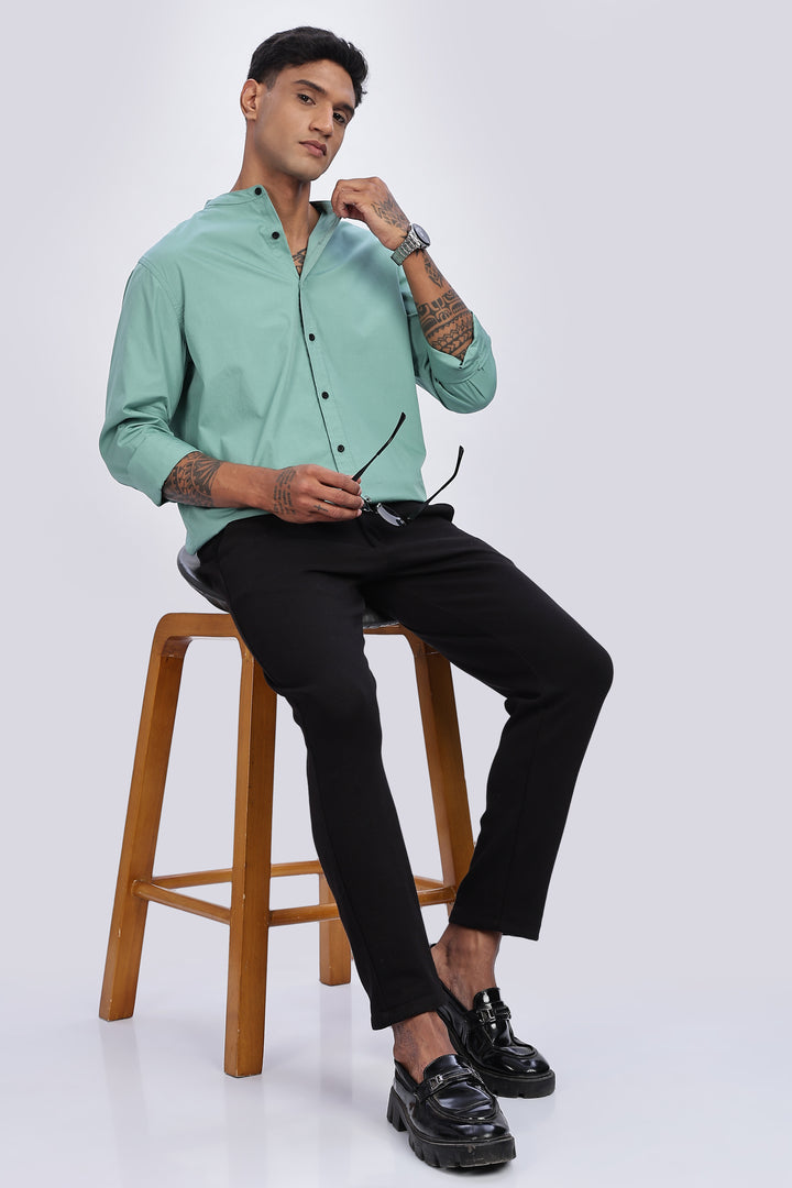 Mandarin Collar Green Shirt