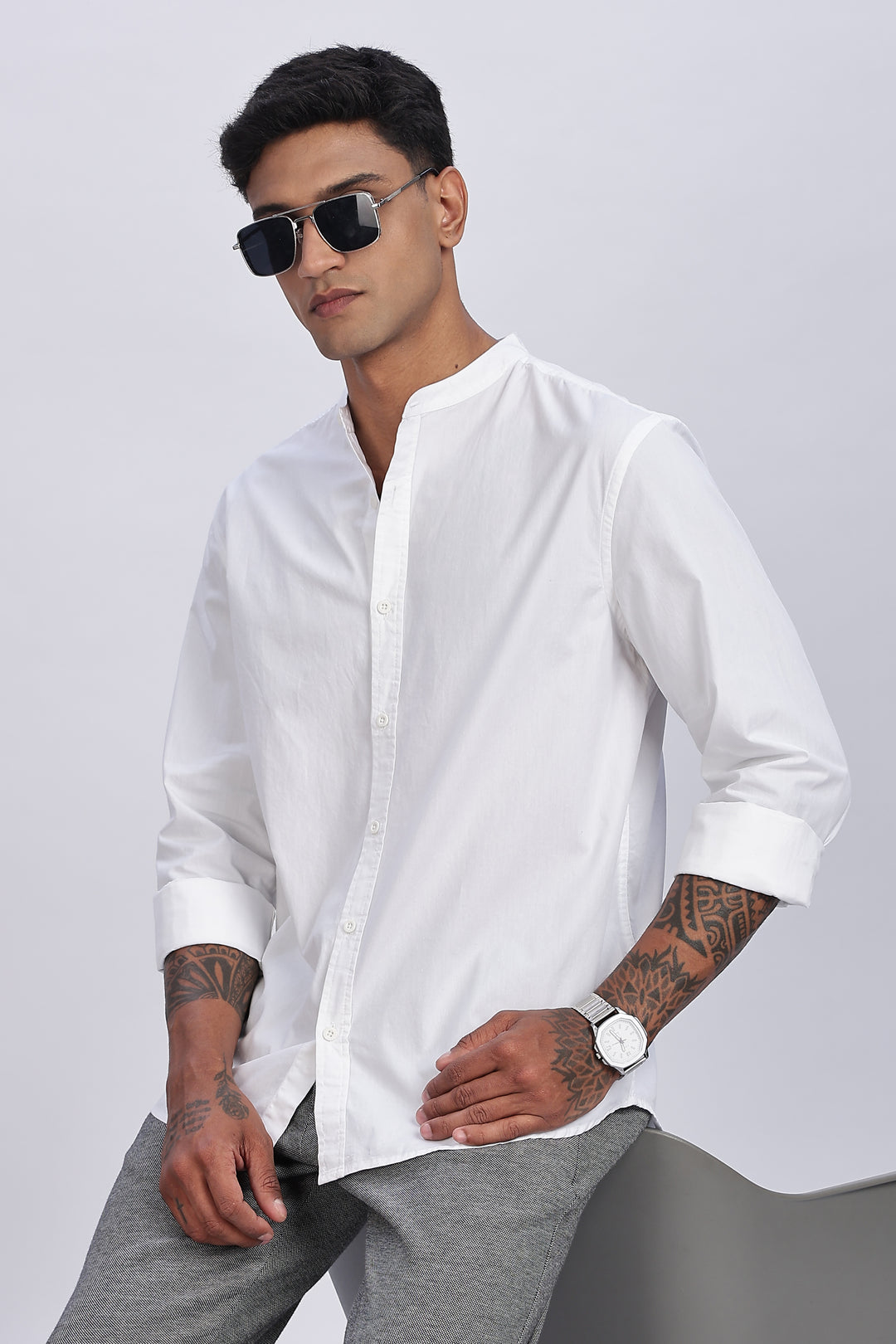 Mandarin Collar White Shirt