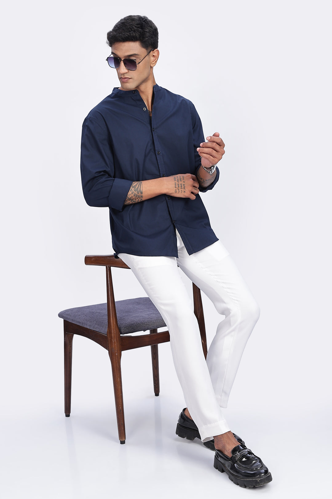 Mandarin Collar Navy Shirt