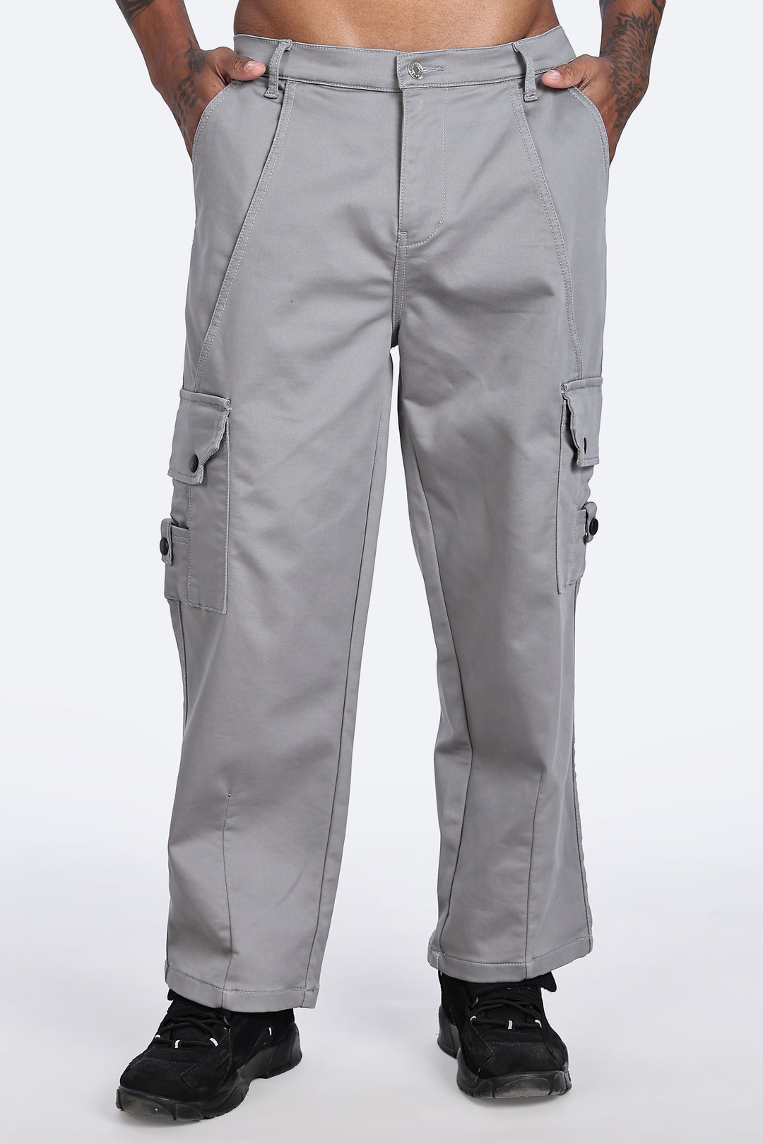 Grey Baggy Stretch Twill Cargo Pants