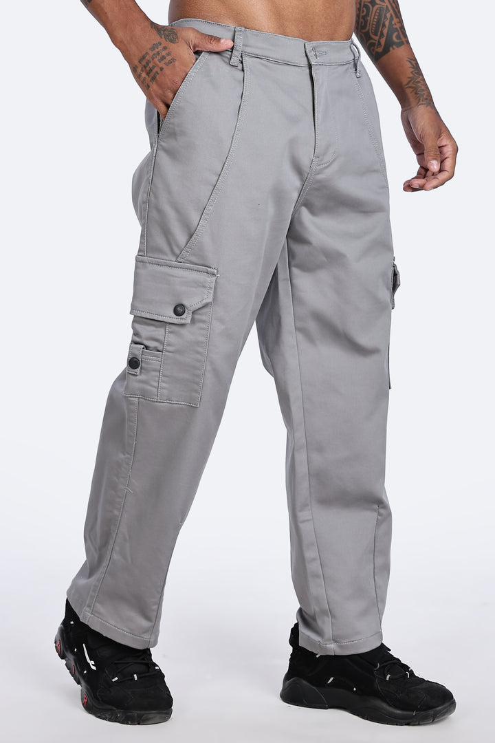 Grey Baggy Stretch Twill Cargo Pants
