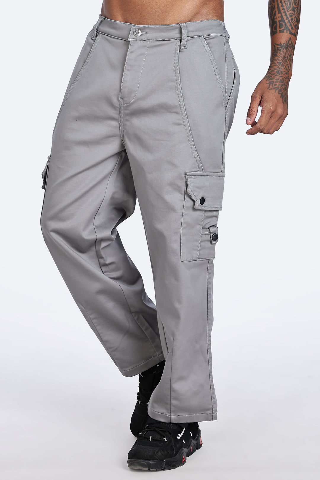 Grey Baggy Stretch Twill Cargo Pants