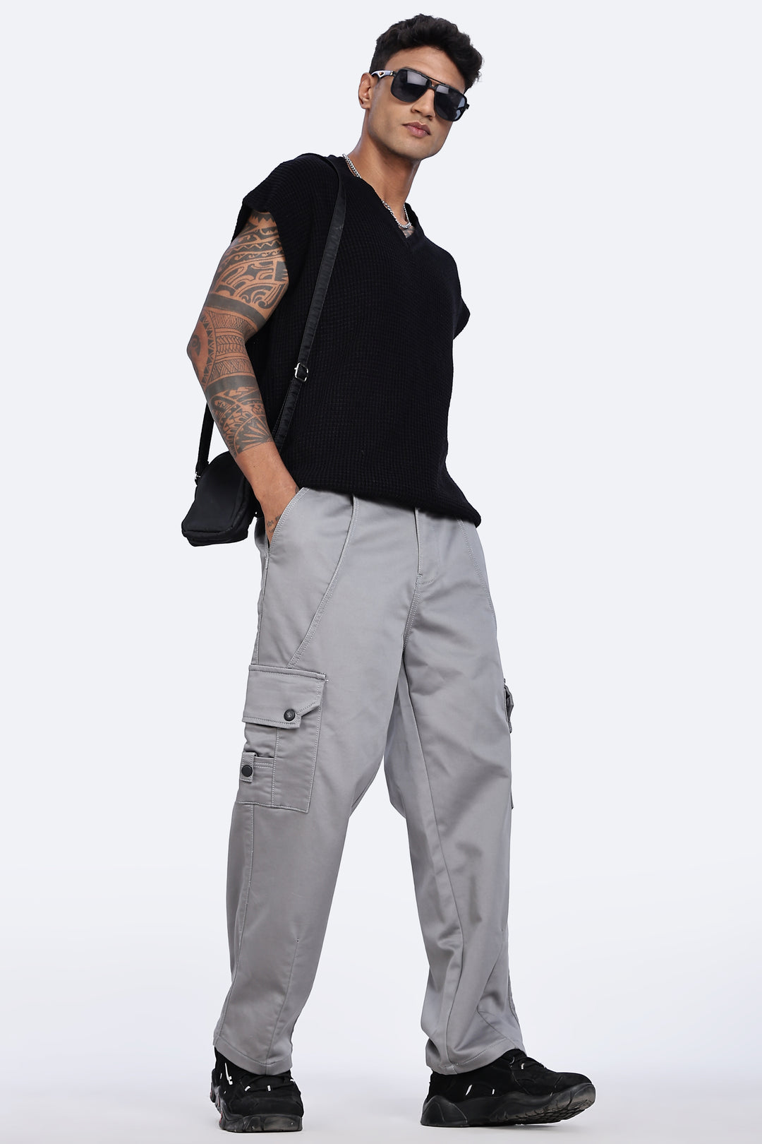 Grey Baggy Stretch Twill Cargo Pants