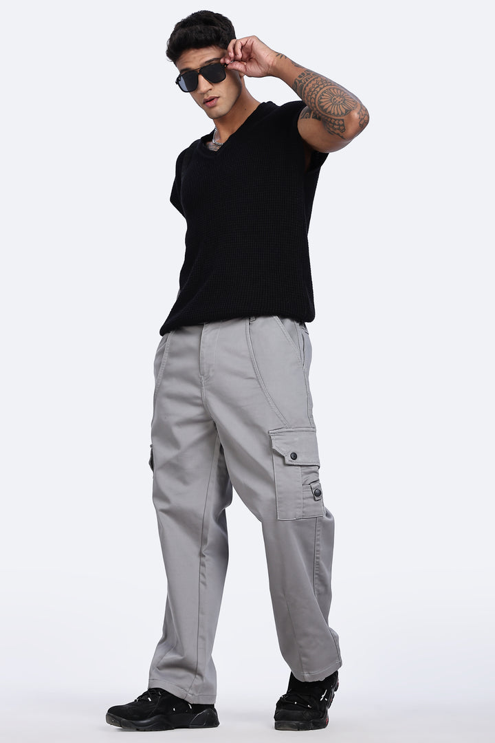 Grey Baggy Stretch Twill Cargo Pants