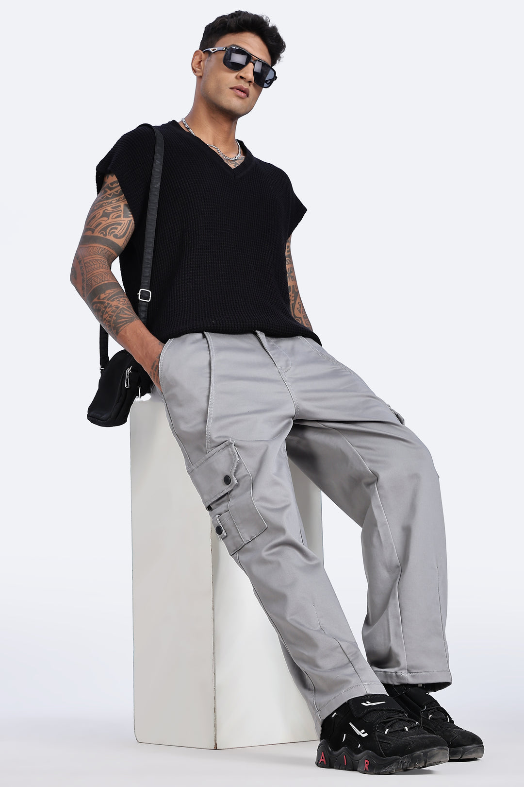 Grey Baggy Stretch Twill Cargo Pants