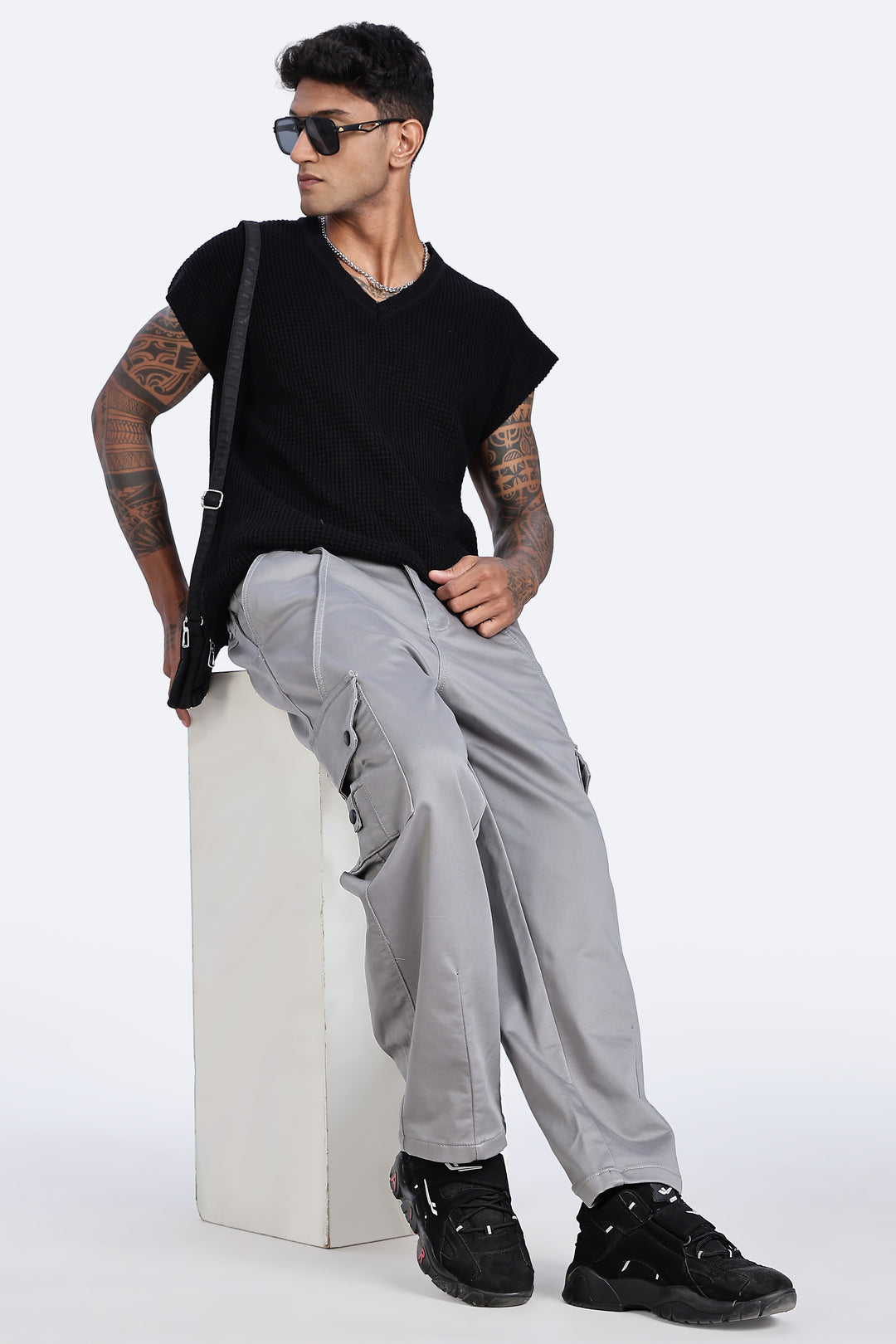 Grey Baggy Stretch Twill Cargo Pants