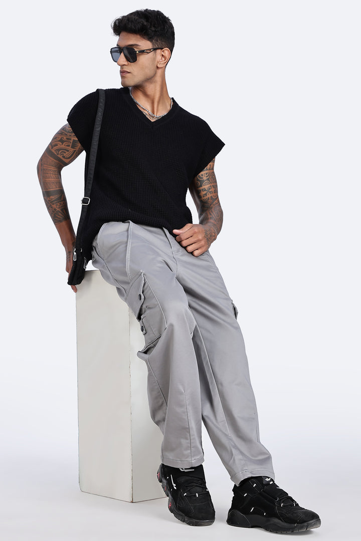 Grey Baggy Stretch Twill Cargo Pants