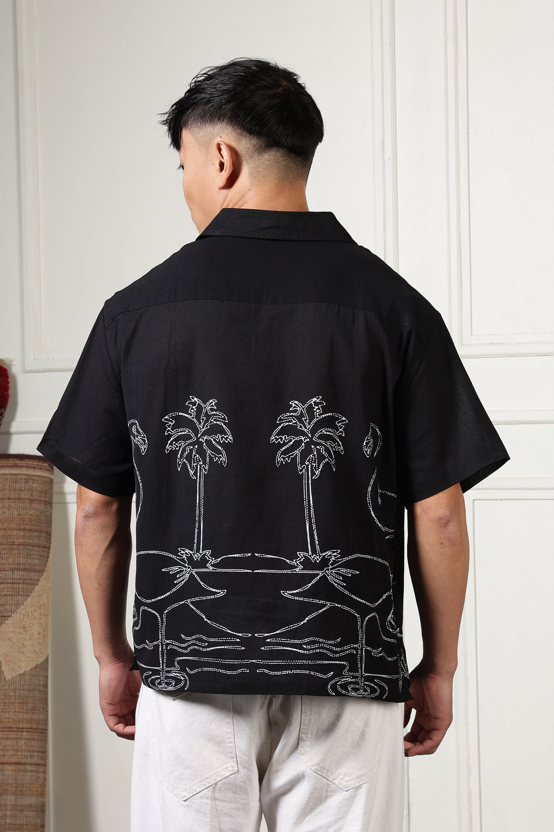 Flamingo: Linen Black Boxy Fit Cuban Shirt