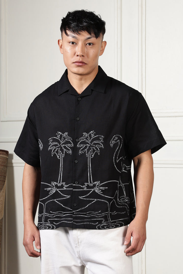 Flamingo: Linen Black Boxy Fit Cuban Shirt