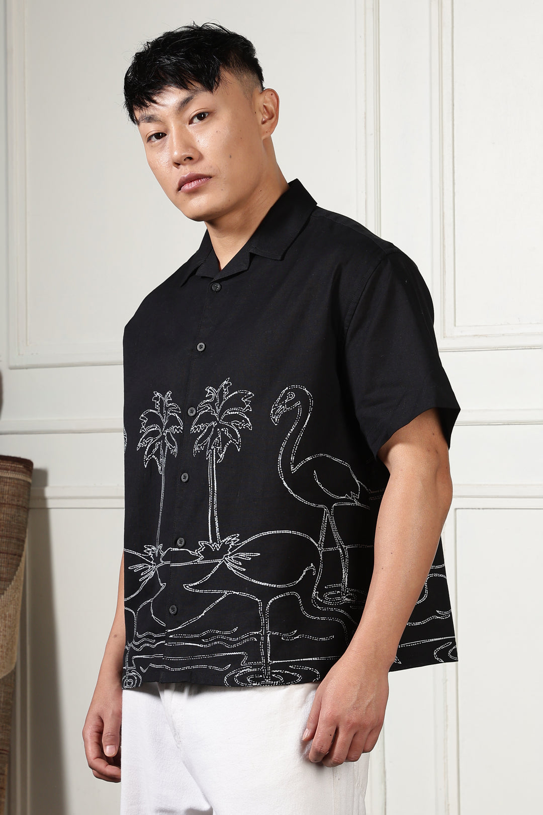 Flamingo: Linen Black Boxy Fit Cuban Shirt