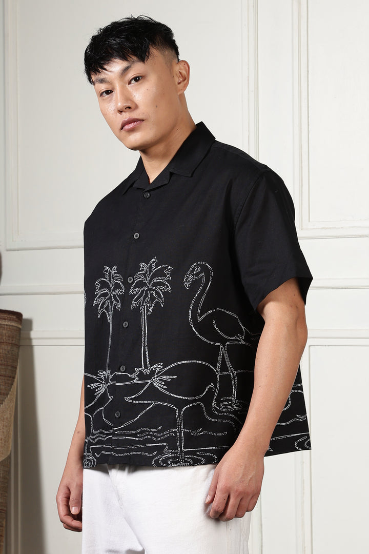 Flamingo: Linen Black Boxy Fit Cuban Shirt