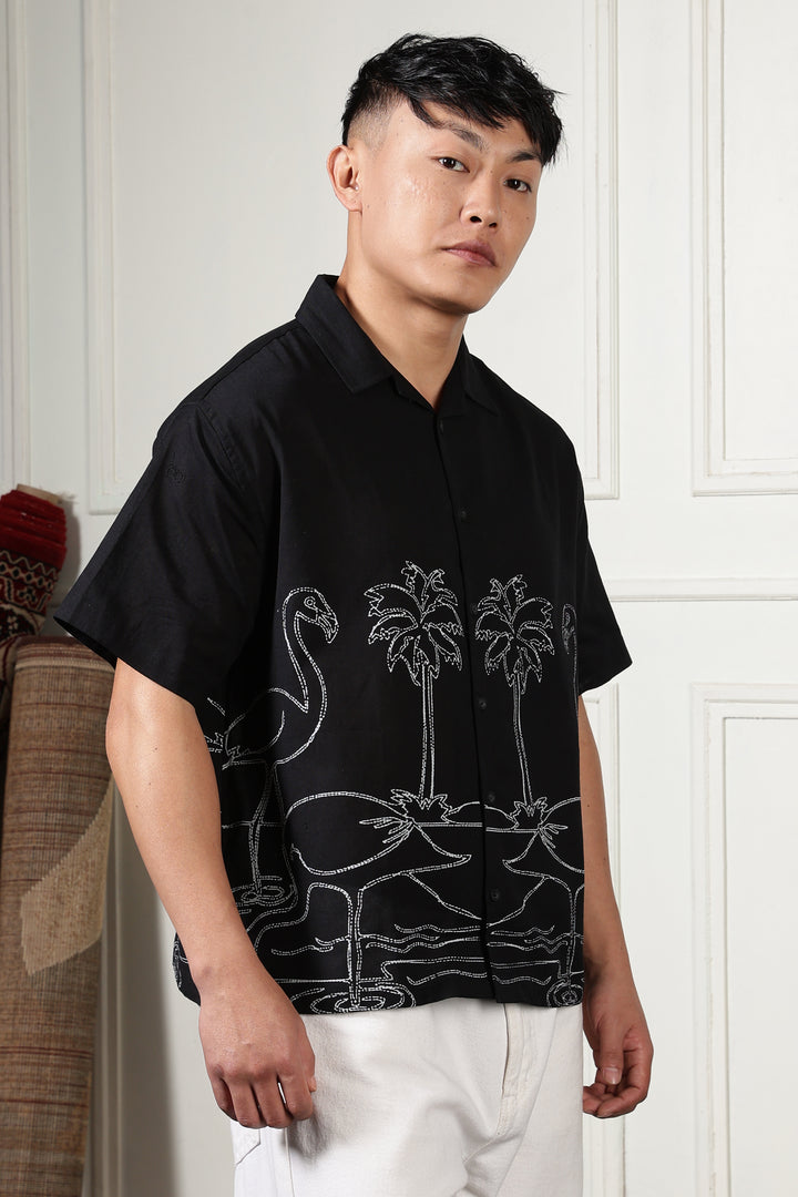 Flamingo: Linen Black Boxy Fit Cuban Shirt