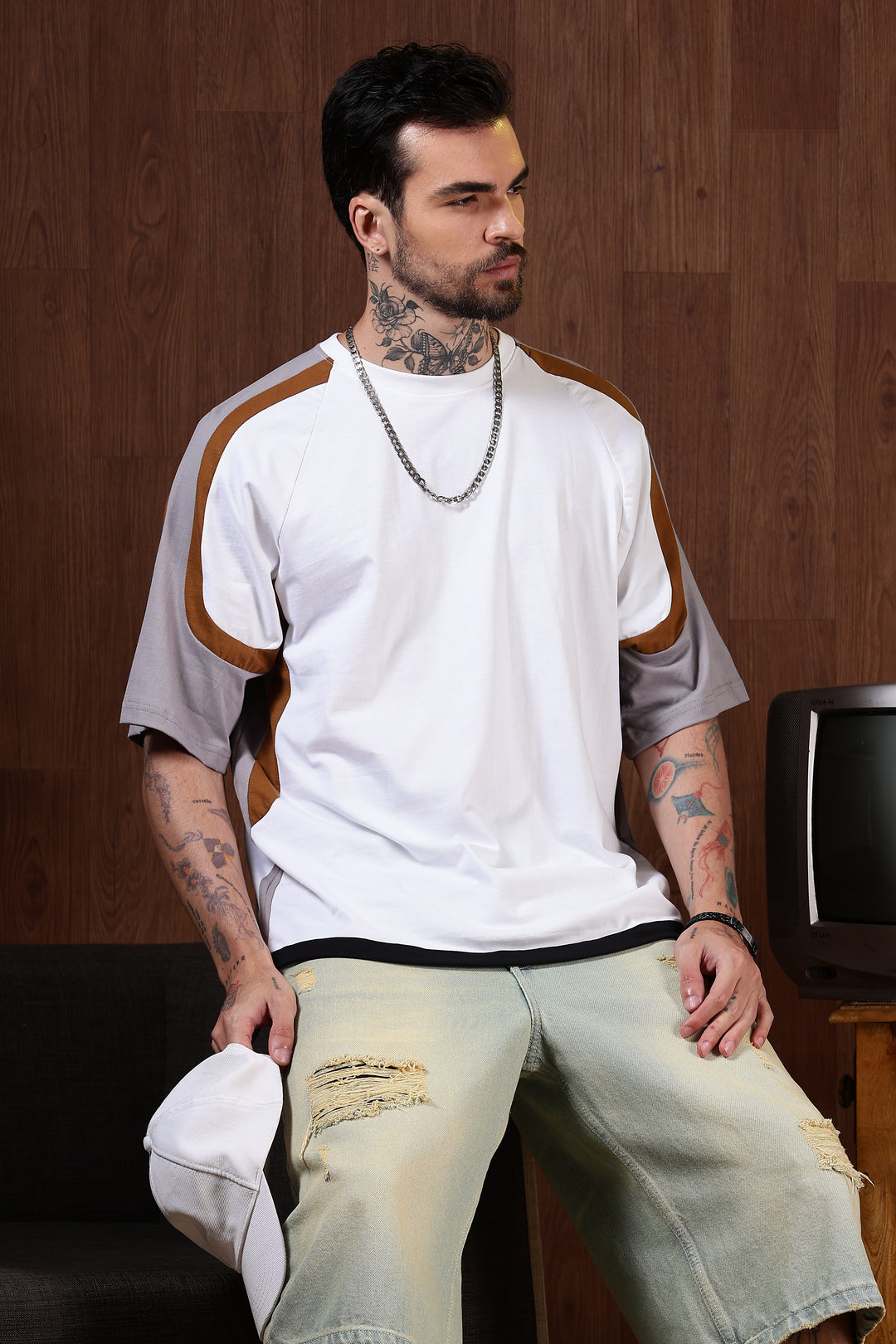 Cut & Sew White Oversized T-shirt