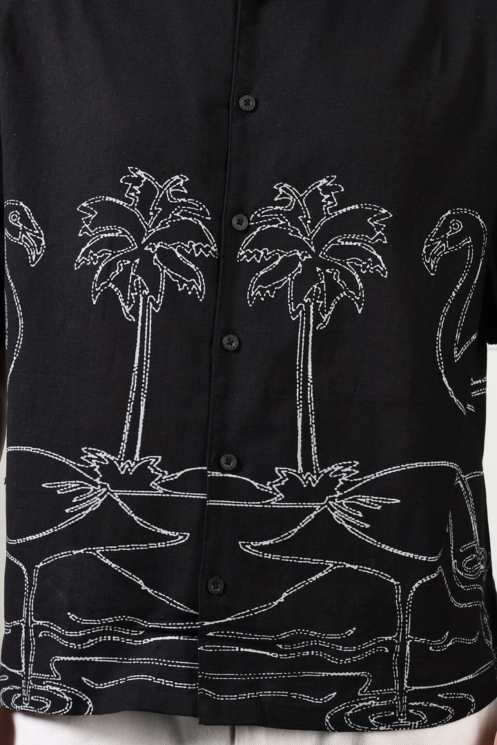 Flamingo: Linen Black Boxy Fit Cuban Shirt