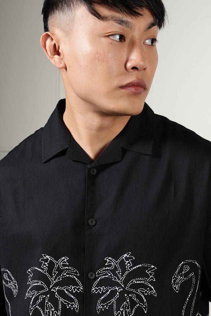 Flamingo: Linen Black Boxy Fit Cuban Shirt