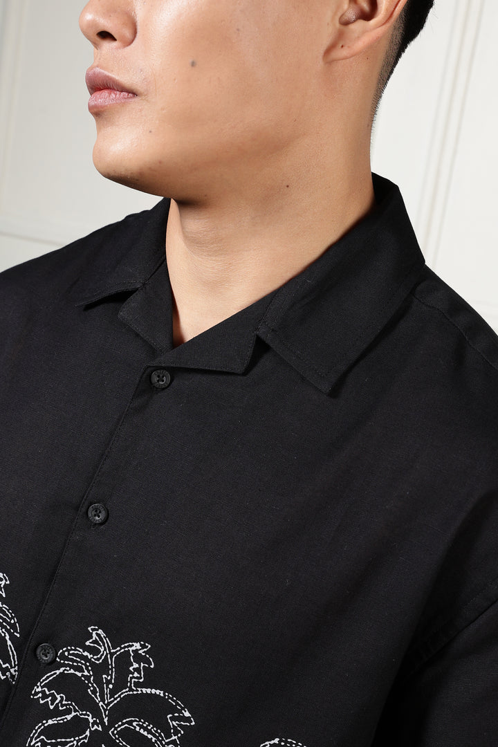 Flamingo: Linen Black Boxy Fit Cuban Shirt