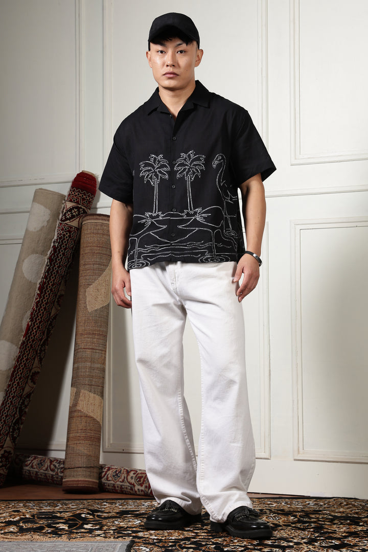 Flamingo: Linen Black Boxy Fit Cuban Shirt