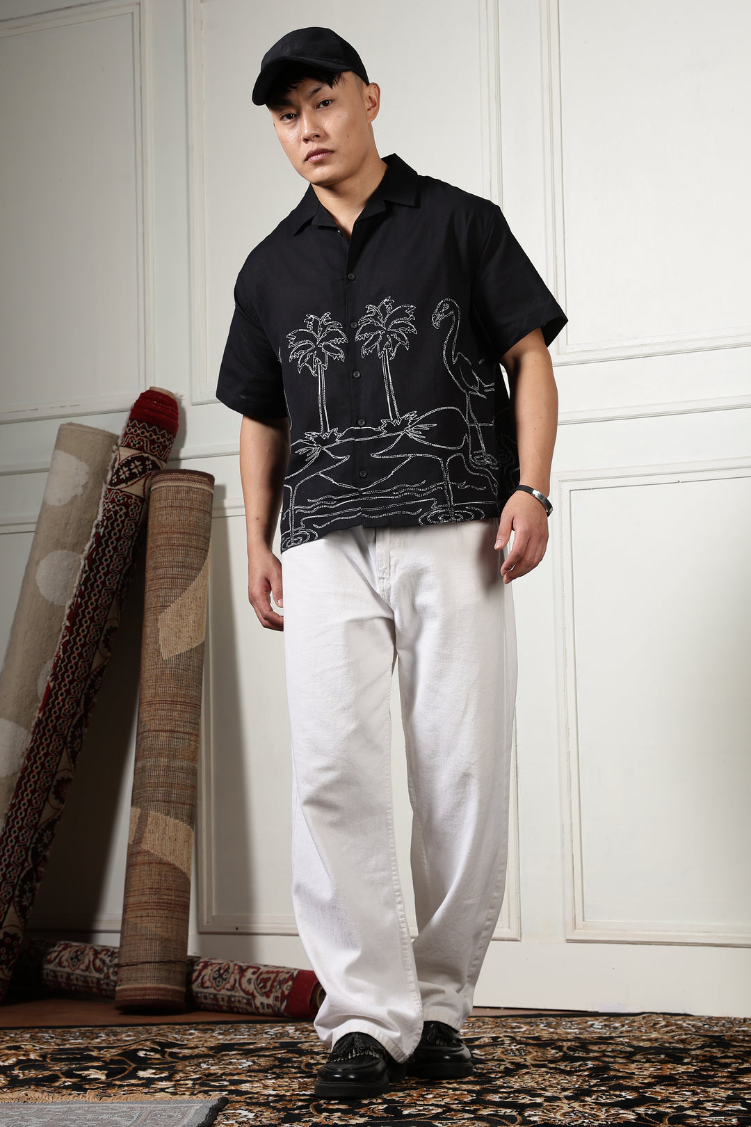 Flamingo: Linen Black Boxy Fit Cuban Shirt