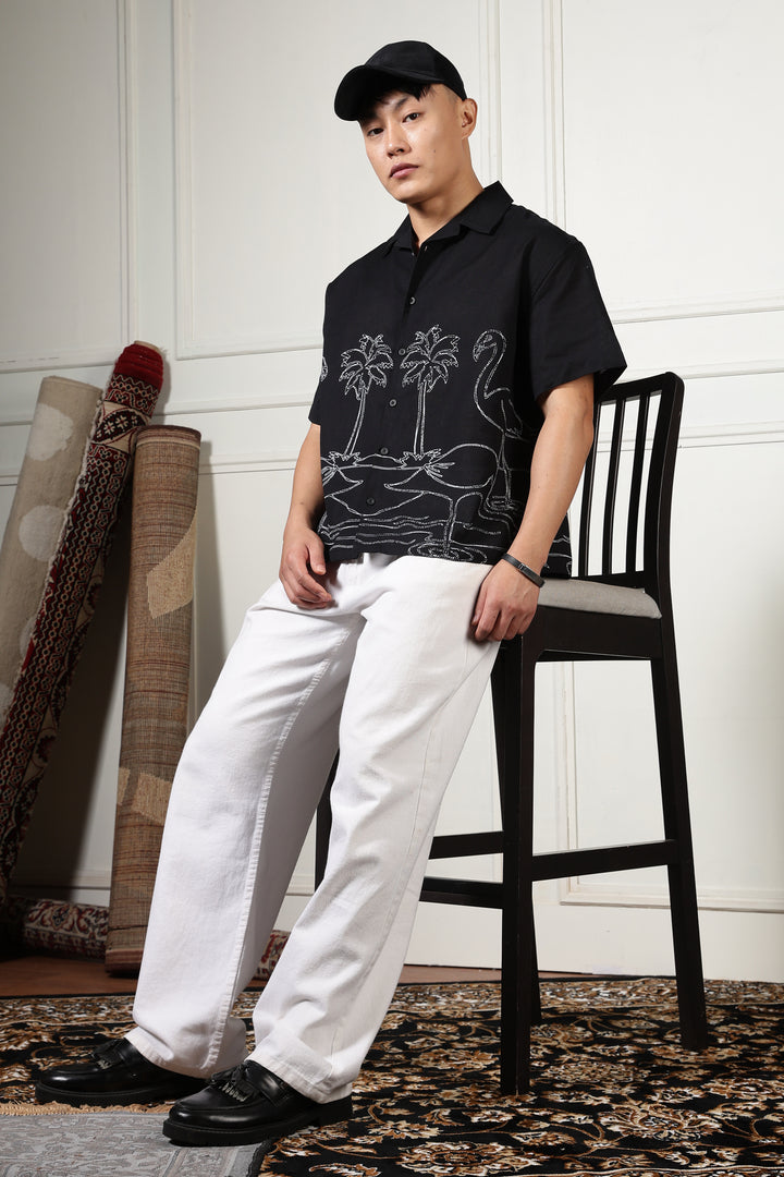 Flamingo: Linen Black Boxy Fit Cuban Shirt