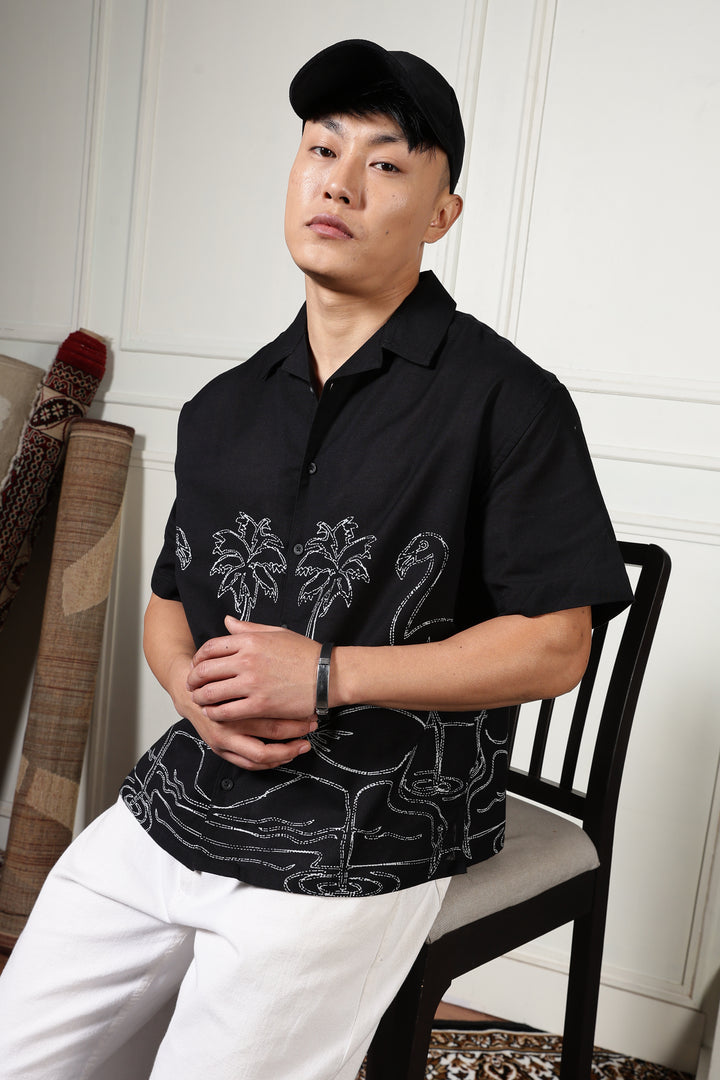 Flamingo: Linen Black Boxy Fit Cuban Shirt