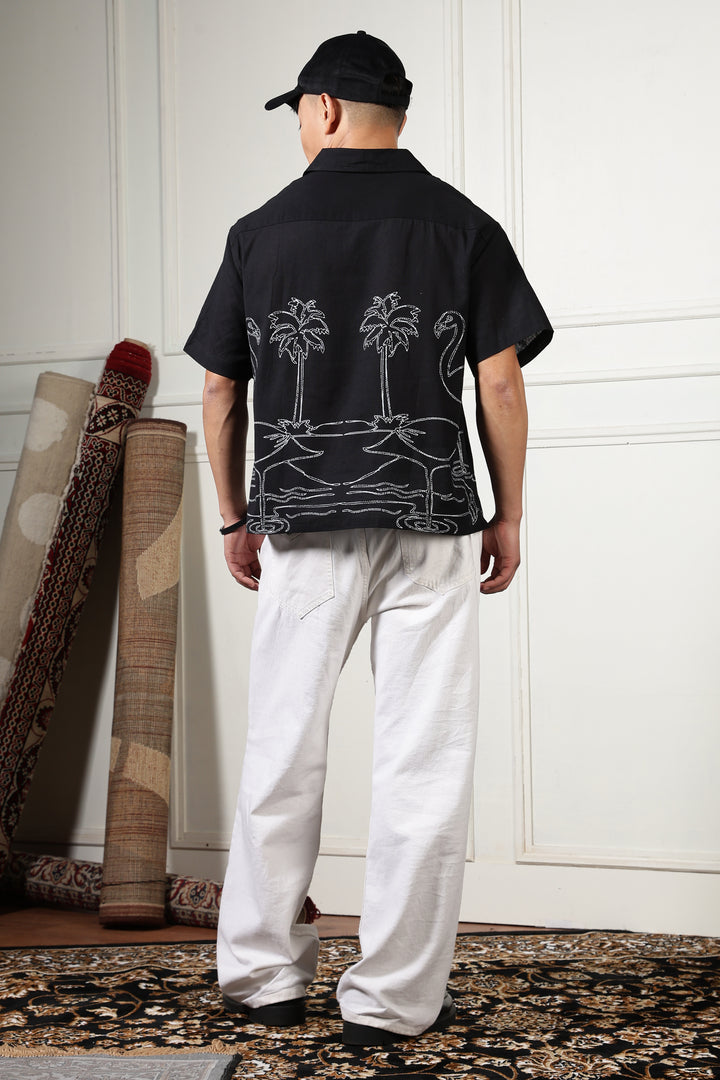Flamingo: Linen Black Boxy Fit Cuban Shirt