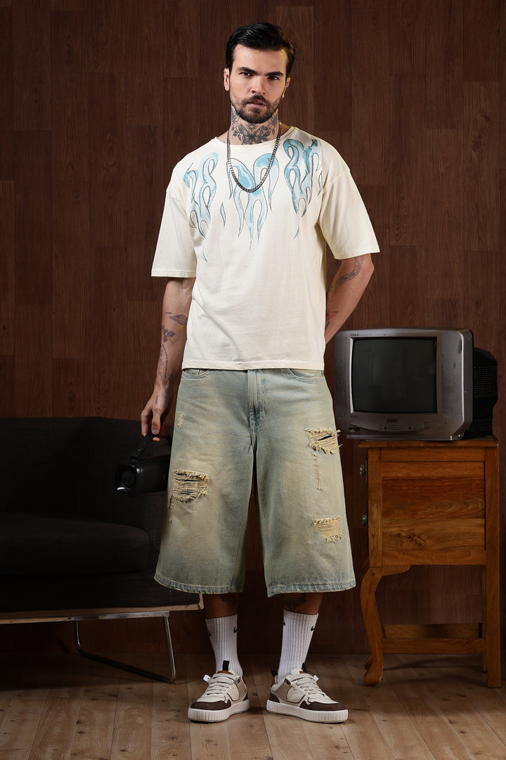 Blue Flames: cream Oversized T-shirt