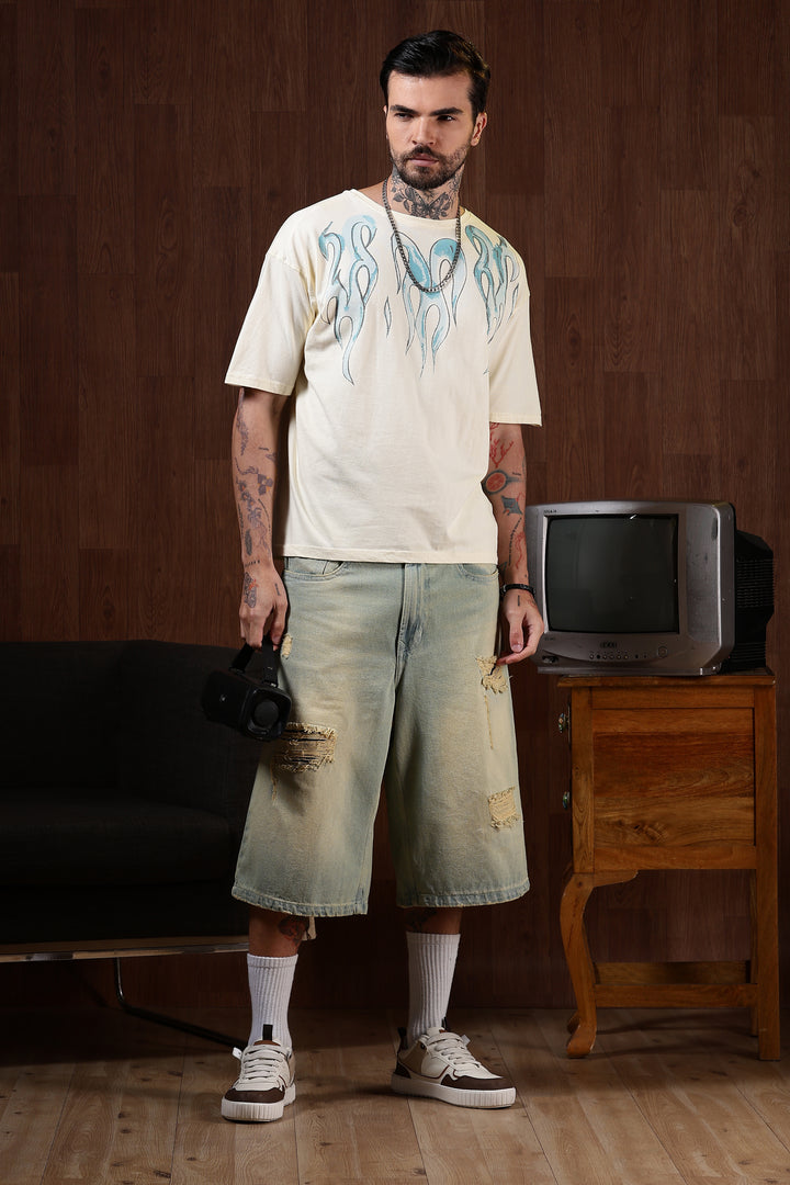 Blue Flames: cream Oversized T-shirt