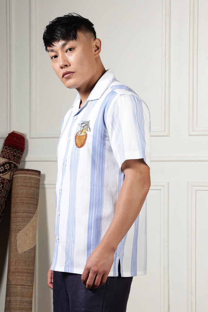Stripes: Blue Coconut Embroidery Cuban Shirt