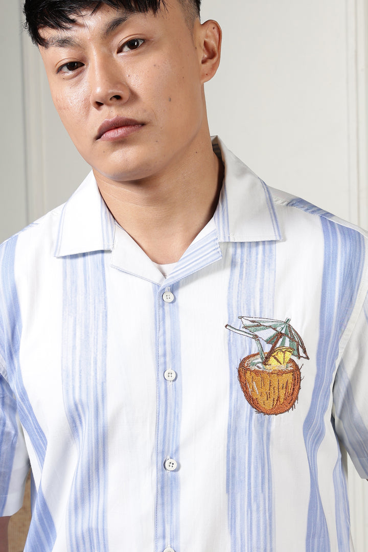 Stripes: Blue Coconut Embroidery Cuban Shirt
