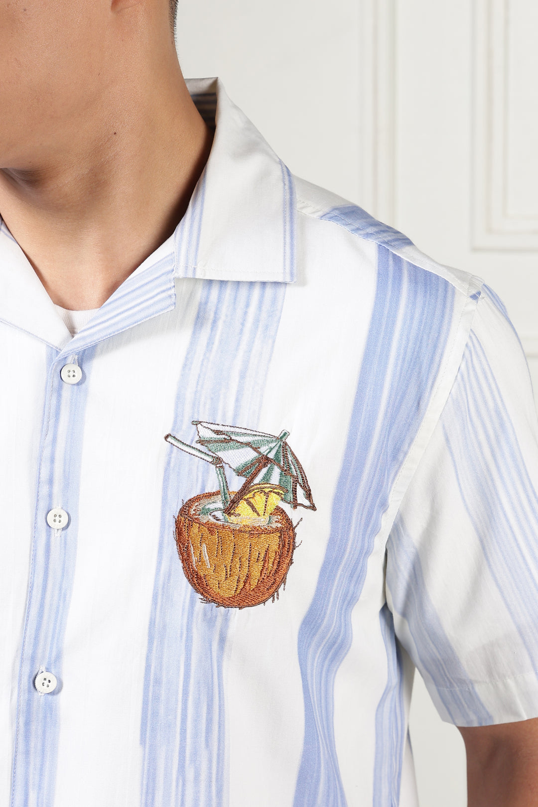 Stripes: Blue Coconut Embroidery Cuban Shirt