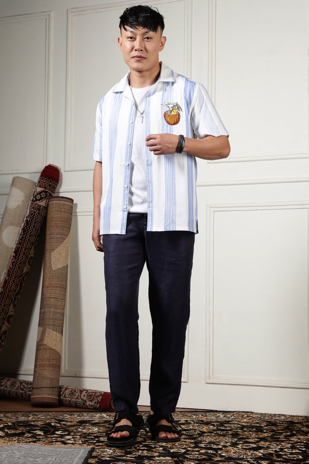 Stripes: Blue Coconut Embroidery Cuban Shirt