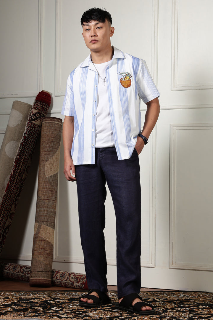 Stripes: Blue Coconut Embroidery Cuban Shirt