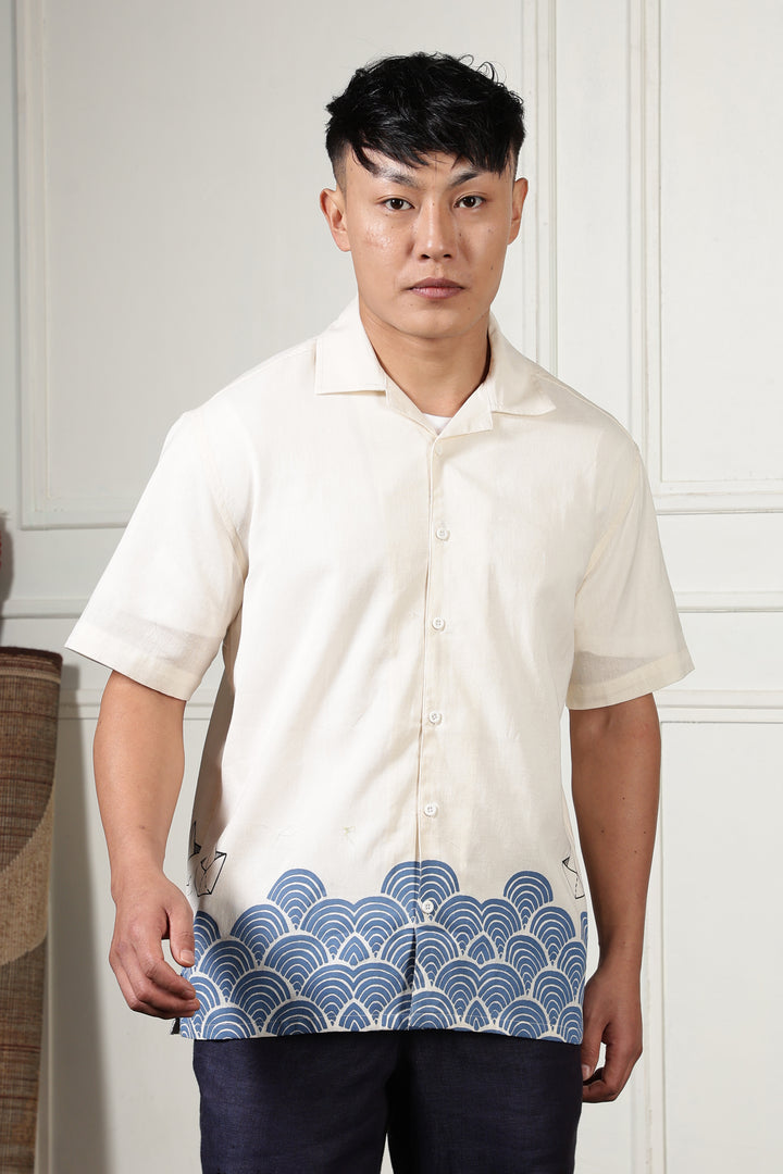 Linen: Abstract Waves Printed Cuban Shirt