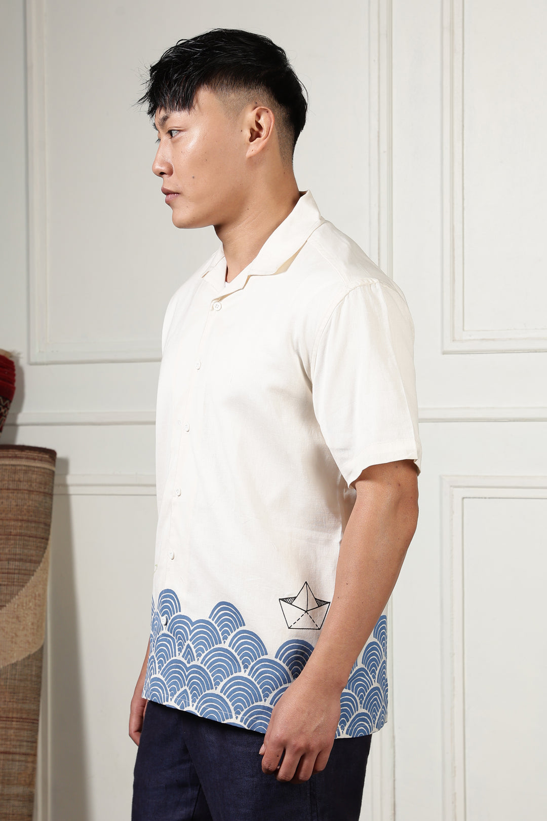 Linen: Abstract Waves Printed Cuban Shirt