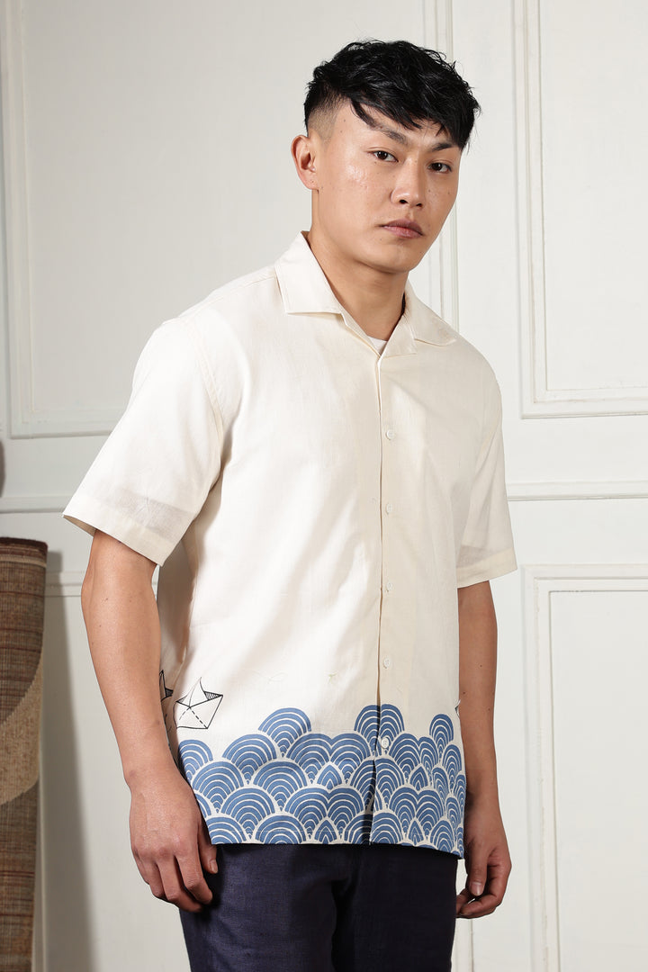 Linen: Abstract Waves Printed Cuban Shirt