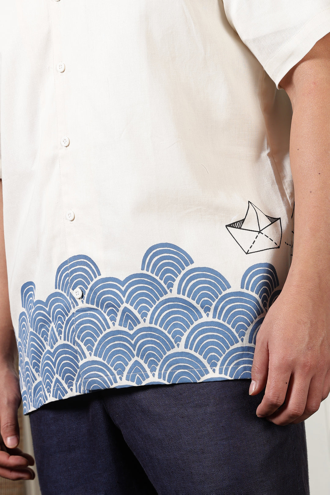 Linen: Abstract Waves Printed Cuban Shirt