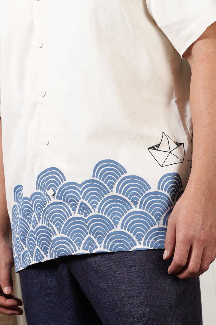Linen: Abstract Waves Printed Cuban Shirt