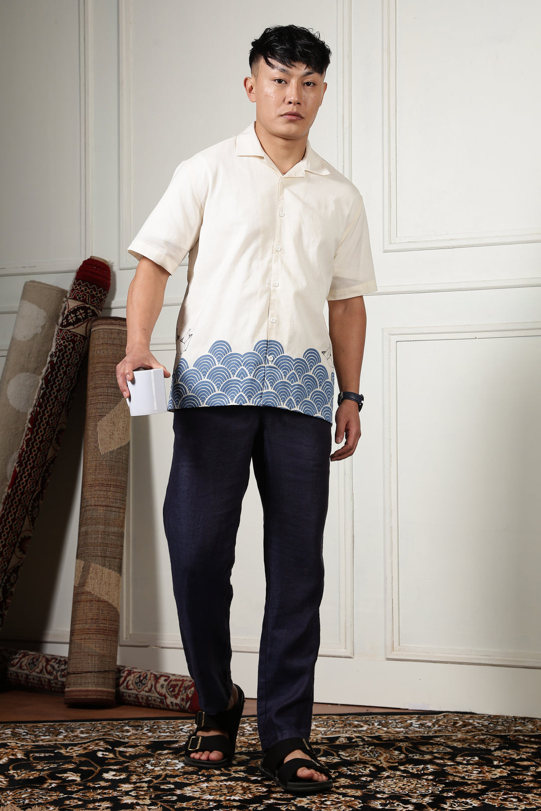 Linen: Abstract Waves Printed Cuban Shirt