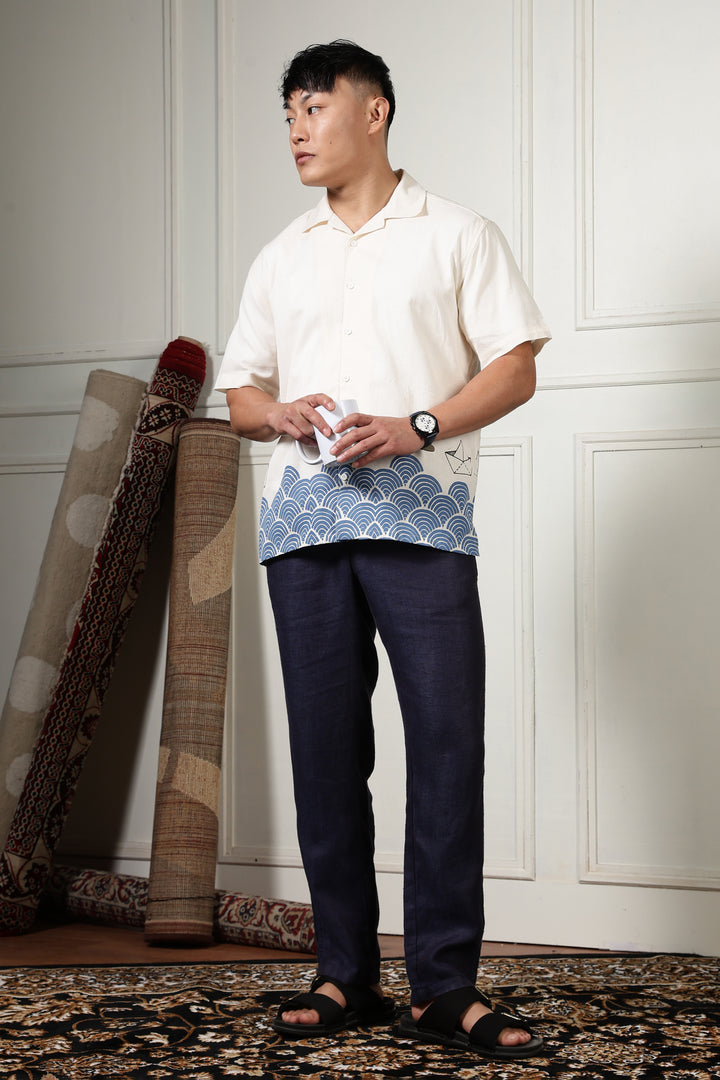 Linen: Abstract Waves Printed Cuban Shirt