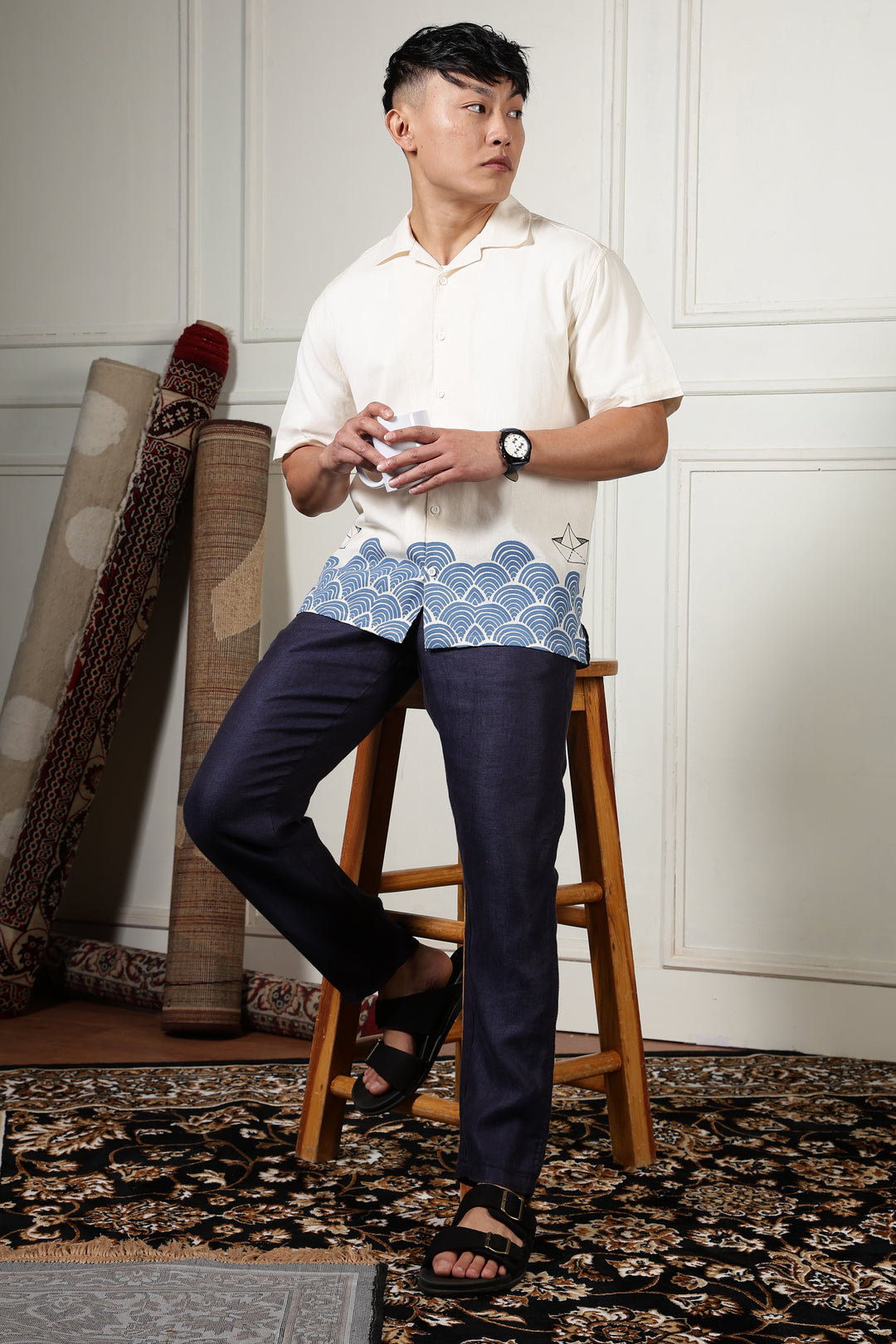 Linen: Abstract Waves Printed Cuban Shirt