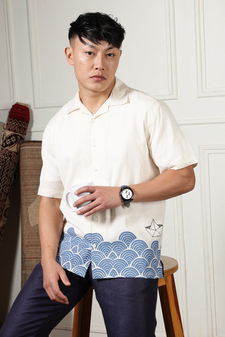 Linen: Abstract Waves Printed Cuban Shirt