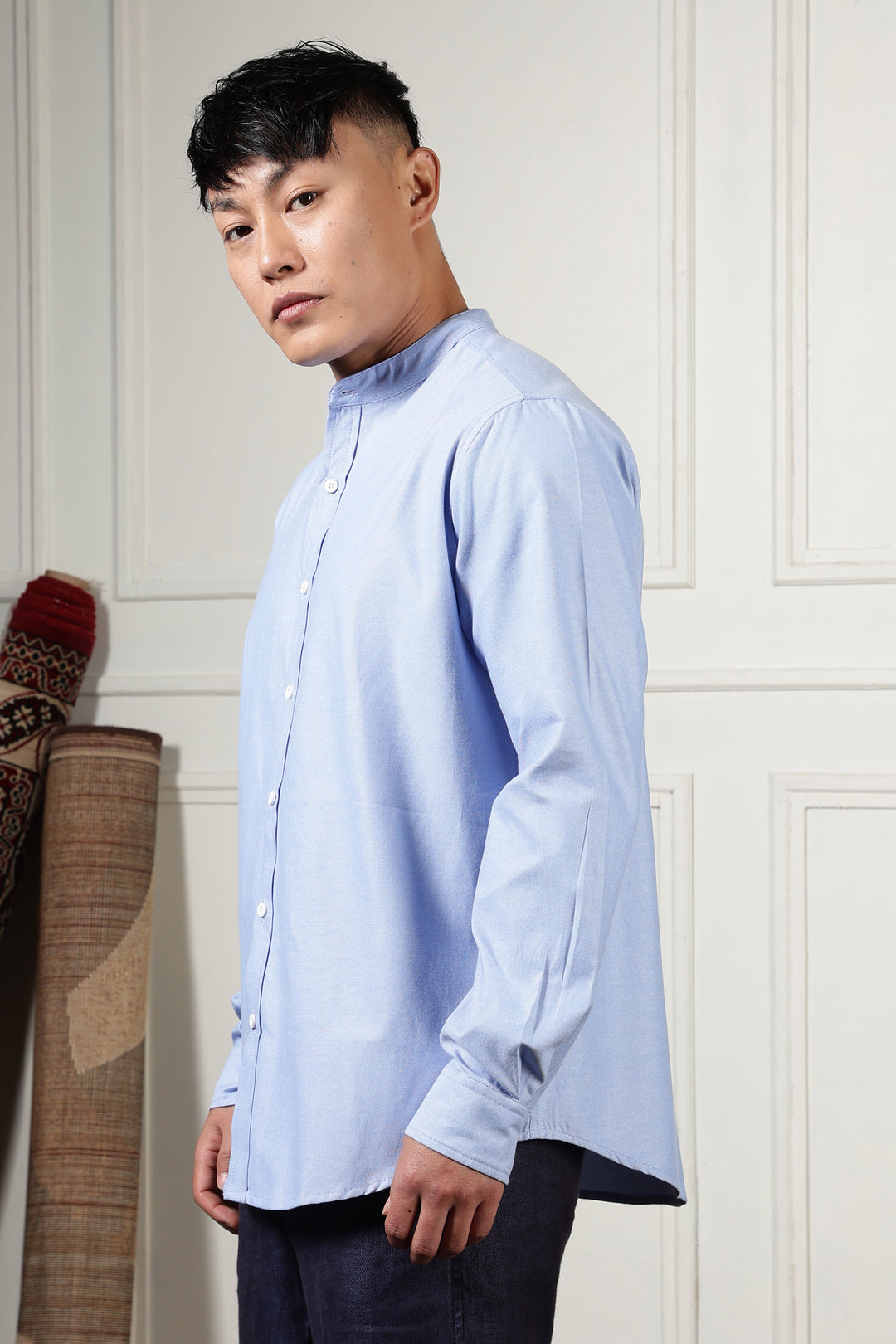 Mandarin Collar Light Blue Shirt