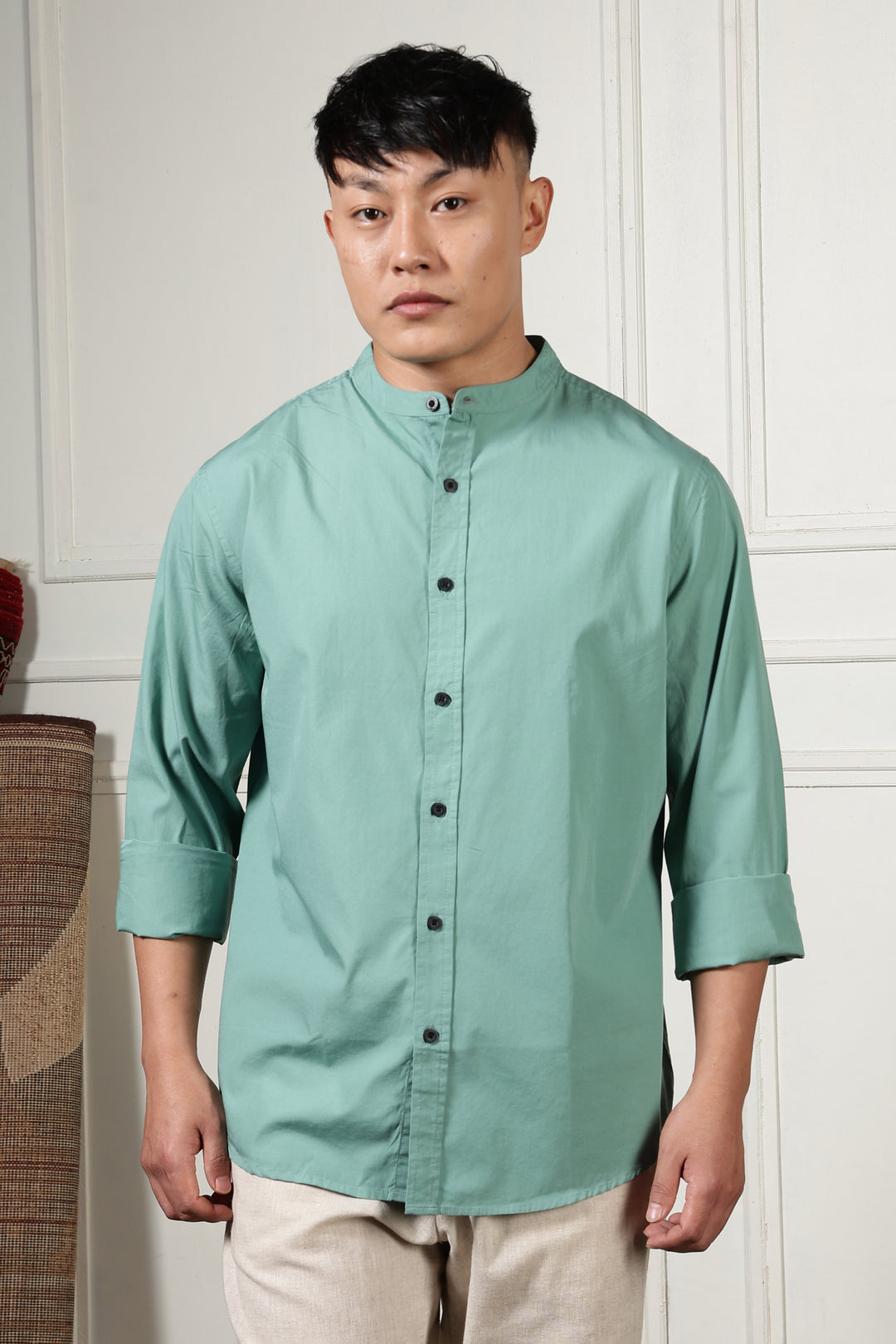 Mandarin Collar Green Shirt