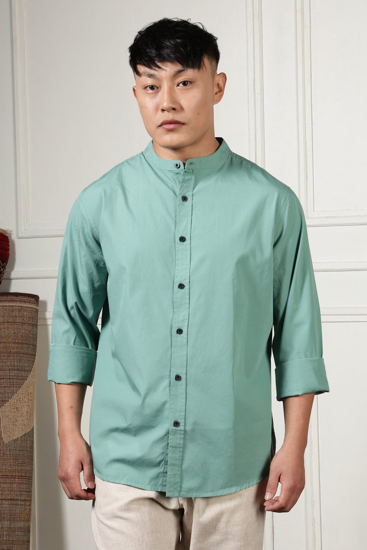 Mandarin Collar Green Shirt