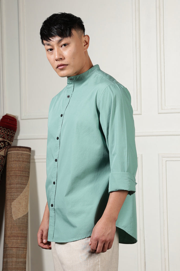 Mandarin Collar Green Shirt